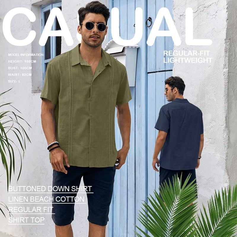 Ryannology Mens Guayabera Shirts Linen Short Sleeve Button Down Casual Beach Cuban Camp Mexican Shirt for Men Khaki - Image 4